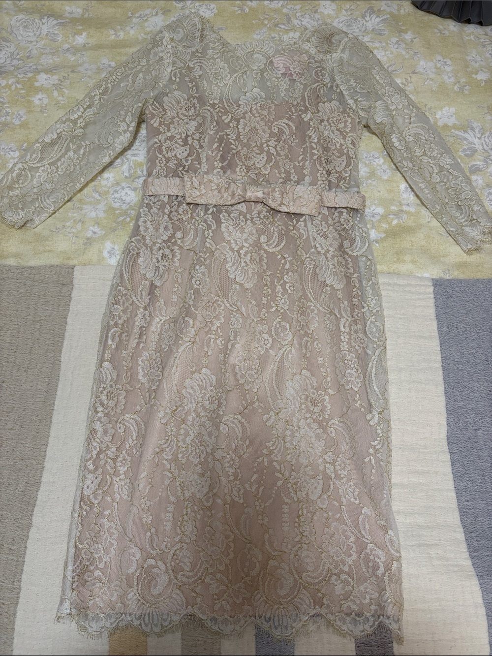 Marc Bouwer Blush Pink and Cream Lace Long Sleeve Sheath Dress